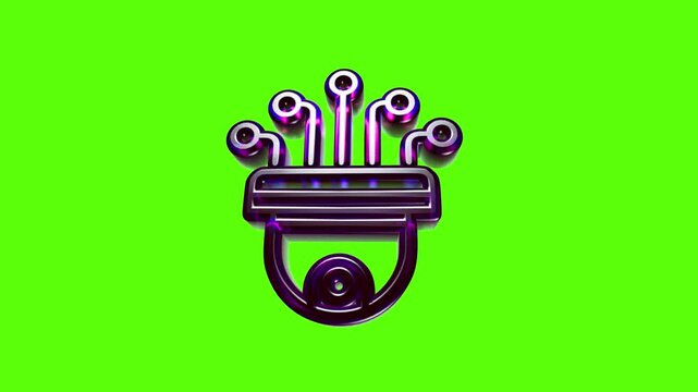 Shiny metallic circuit board chip icon with a circular connector port on a bright green background