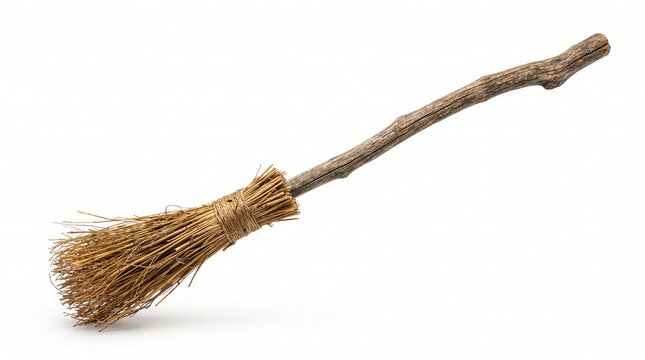 Traditional Halloween witch broom made from natural wood and straw