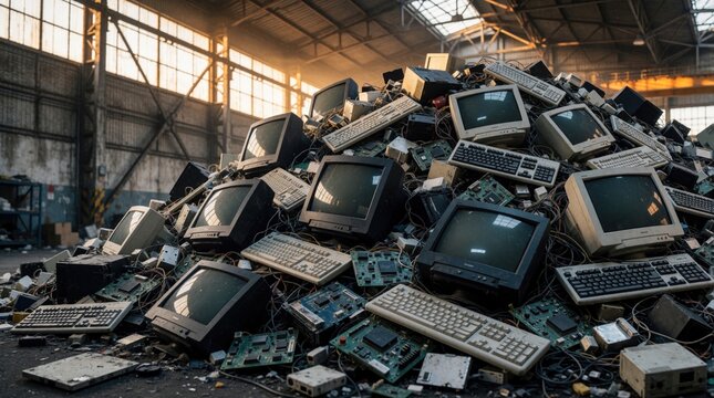 Massive pile of old computers monitors and keyboards sit in warehouse. Tangled wires and circuit boards mixed with electronic scrap pile. Represents growing e-waste problem and need for recycling.