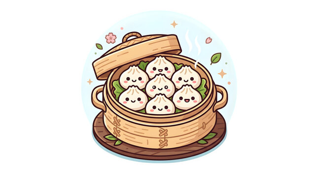 Cute kawaii cartoon soup dumplings inside a traditional wooden bamboo steamer basket illustration with cartoon food cute characters dim sum asian cuisine