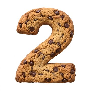 Delicious chocolate chip cookie shaped like the number two on a white background