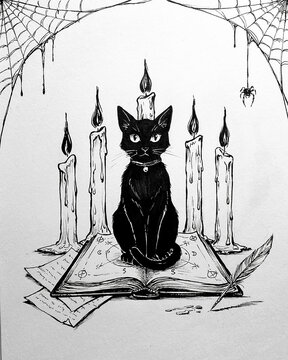Black cat sitting on open book with candles