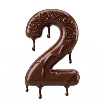 Glossy melting chocolate number two with intricate swirls and dripping texture