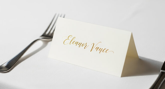 Elegant place setting with name card and silverware on white table  