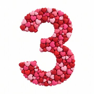 Vibrant number three formed by colorful heart shapes on a clean white background