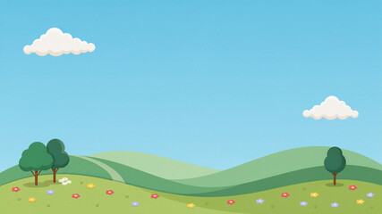 Obraz premium Peaceful green meadow with trees and flowers under a blue sky