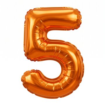 Shiny orange metallic foil balloon shaped as the number five on white background