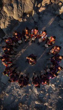 Indigenous Andean Musicians Performing Traditional Circle Ceremony
