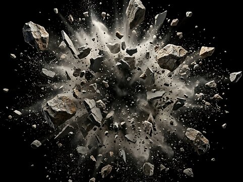 A powerful explosion of rocks and debris scattering outwards against a solid black background
