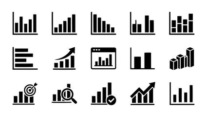 Obraz premium Set of business data chart and financial graph line icons for analytics and reporting. A collection of minimalist line icons representing various business charts, growth graphs, and data analytics too