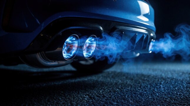 Car exhaust pipe ejects blue flames and smoke at night. Close-up shot shows powerful engine acceleration and speed. Rear of blue vehicle on asphalt road.