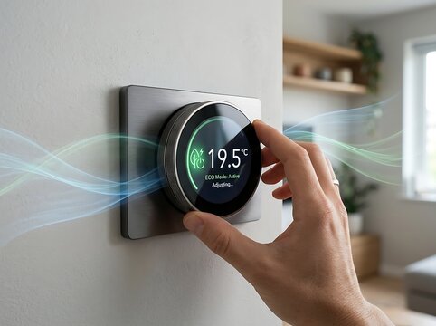 A persons hand adjusting a modern smart thermostat mounted on a wall, displaying a temperature of 19.5 degrees celsius in eco mode