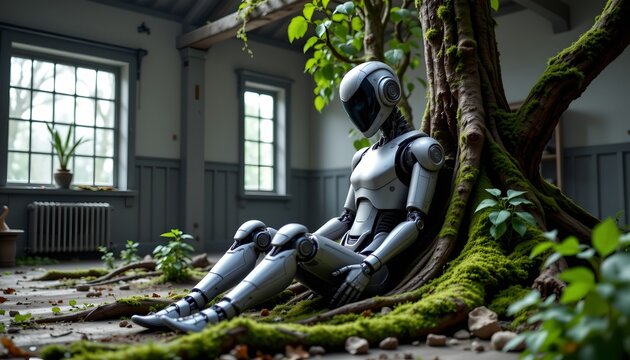 A humanoid robot is sitting against the trunk of a large, moss covered tree indoors