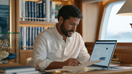Obraz premium Marine oceanographer in a luxury research vessel cabin reviewing childhood nutrition survey data on a large screen, neatly pressed shirt, bookshelves of marine journals, a model
