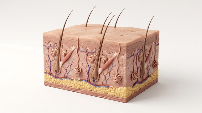 Cross section of human skin layers including hair follicles and sweat glands for dermatology education