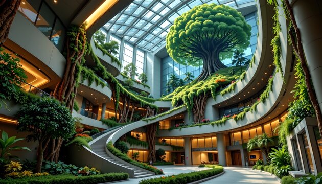 The image depicts a spacious, modern indoor atrium filled with lush greenery and large, vibrant trees, including a prominent one at the center with a broad, rounded canopy