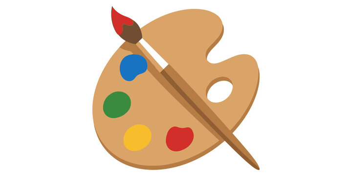 Wooden artist palette with five vibrant paint spots and paintbrush.
