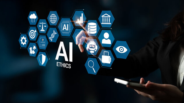 Hand touching digital icons related to artificial intelligence ethics showcasing data privacy, transparency, and accountability in technology advancements Haptic.