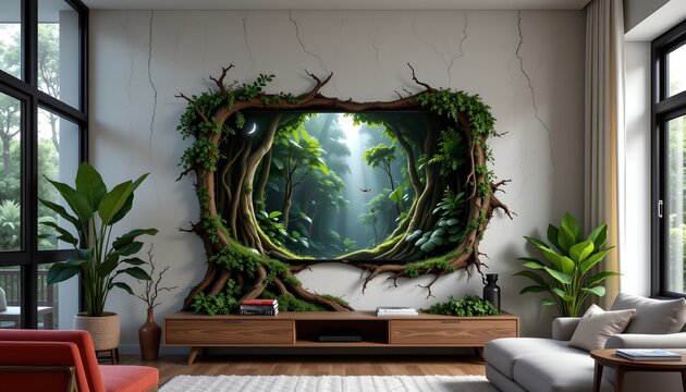 The image features a modern living room with large windows allowing natural light to brighten the space