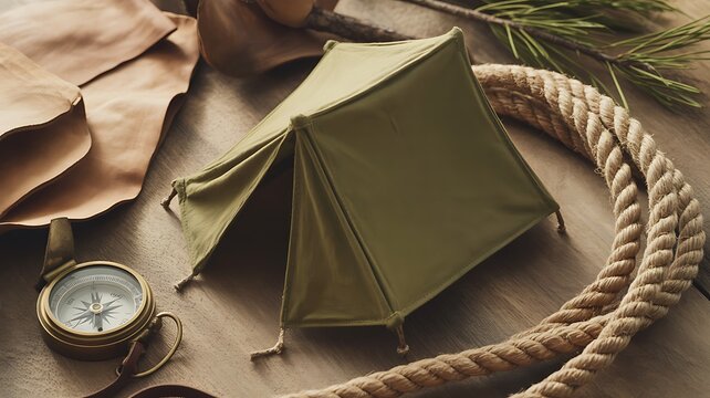 Miniature olive green camping tent resting on rustic wooden table with vintage brass navigation compass equipment