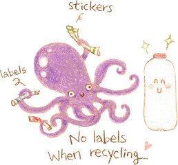 Cute octopus recycling bottle with text quote, zero waste colored pencil illustration © UYAOWL