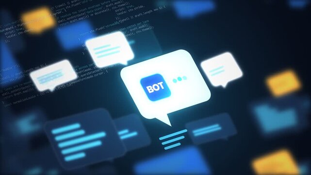 AI chatbot concept with a glowing white message bubble carrying an AI badge, floating among blurred blue chat bubbles and programming code, with shallow depth of field