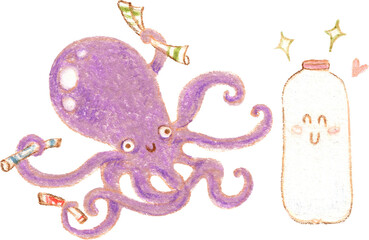 Cute octopus separating bottle label for recycling, eco friendly colored pencil illustration © UYAOWL