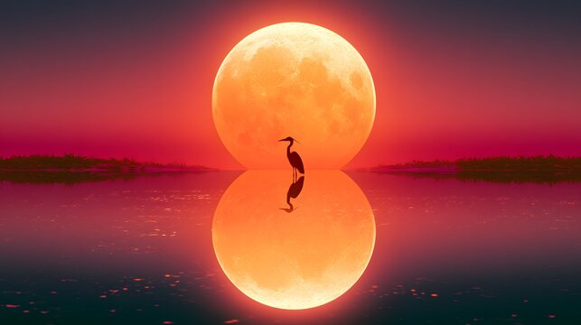Majestic heron silhouette standing before a giant glowing moon in a serene anime style sunset landscape