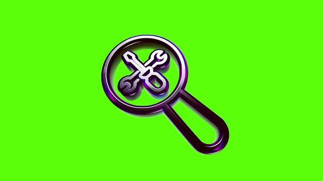 Purple magnifying glass icon with screwdriver and wrench symbol for technical search and repair tools
