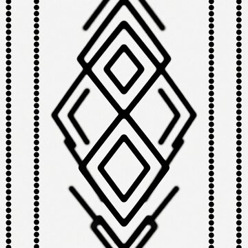 Black geometric pattern on white background. Symmetrical diamond shapes form repeating design. Vertical dotted lines frame central motif. Abstract graphic art.