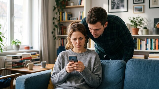 A couple sitting on a couch, the woman is looking at her phone with a concerned expression, while the man looks over her shoulder with worry