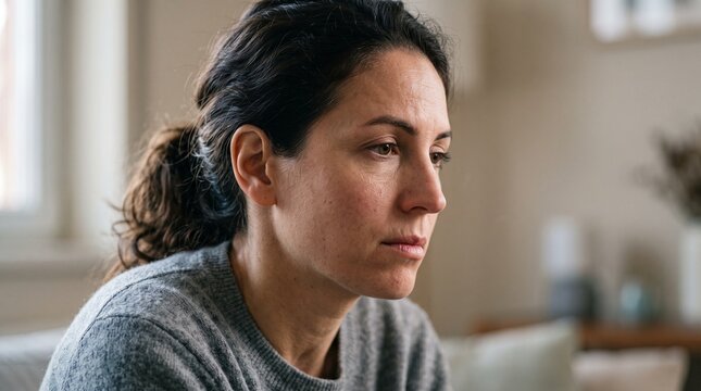 A close-up portrait of a woman with a pensive expression, her gaze directed away from the camera. She has dark hair tied back in a ponytail and is wearing a grey sweater.