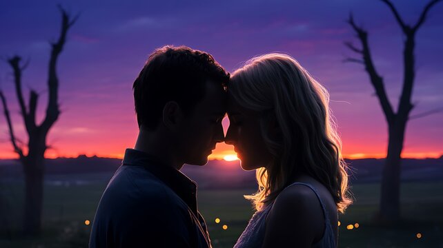 Romantic couple standing close together sharing an intimate moment during a vibrant purple sunset outdoor scene