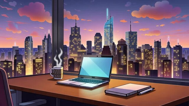 Office workstation with laptop and cityscape during golden hour sunrise transition to twilight