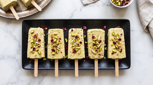  Pistachio Kulfi Indian Ice Cream Popsicles with Nuts and Rose Petals on Marble