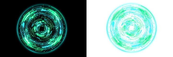 Glowing neon cyan energy ring and futuristic sci-fi portal isolated on black and white backgrounds © mashiur