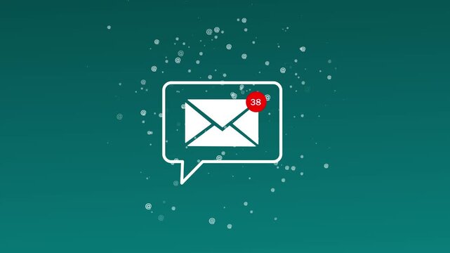 Ninety nine unread inbox message alert badge on envelope speech bubble with floating email symbols for digital newsletter marketing.