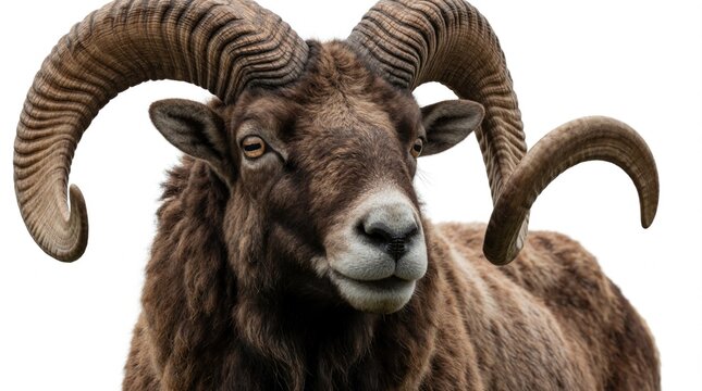 Large brown ram with massive curved horns looks at camera. Wild mouflon sheep mammal stands against white background. Strong male bovid animal with thick woolly fur shows powerful head, spiral horns.
