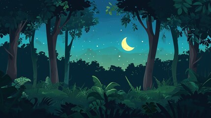 Obraz premium Moonlit Nighttime Forest Scene with Crescent Moon Framing Dense Understory and Starry Sky