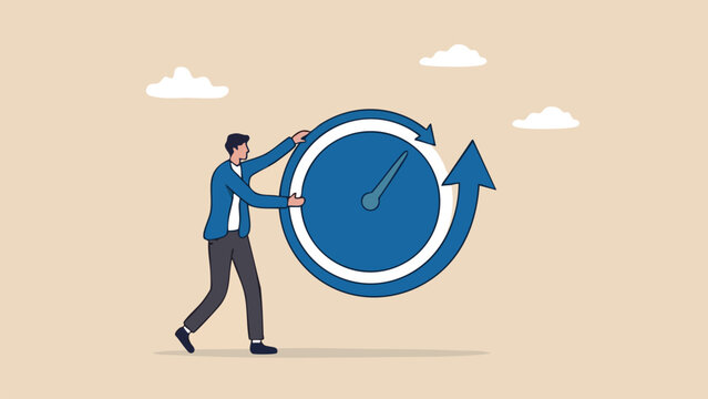 Businessman pushing a large blue clock with a circular arrow, time management