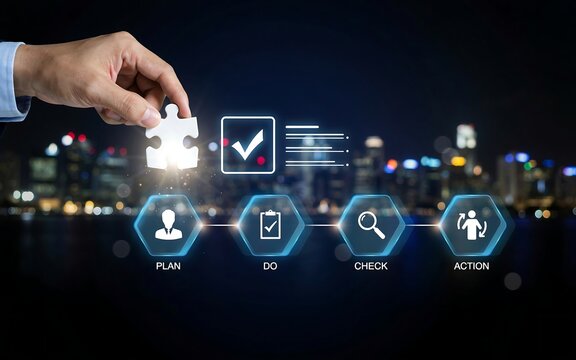 Hand placing a puzzle piece into a digital interface showing the plan do check act cycle process