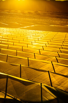 Greenhouses stretch over landscape as the sun rises in the background near a mountainous area