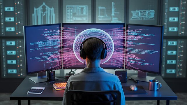 Dedicated programmer working at triple monitor setup with holographic sphere and glowing blue code interface display