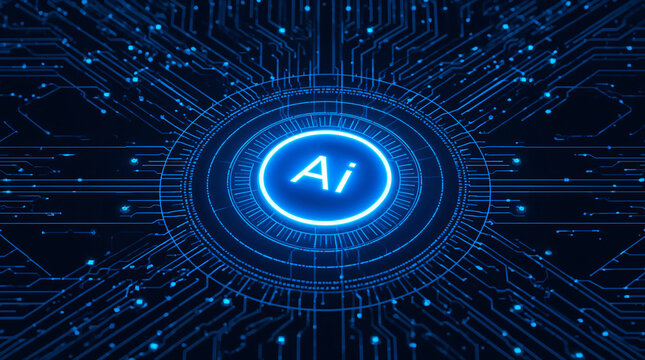 Artificial Intelligence AI Logo on Futuristic Glowing Blue Electronic Circuit Board Background