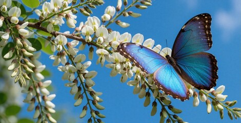 Obraz premium Bright blue butterfly rests on white acacia blossoms against a clear sky. Vibrant insect and blooming tree signify summer vacation start. Nature, beauty and awakening theme.