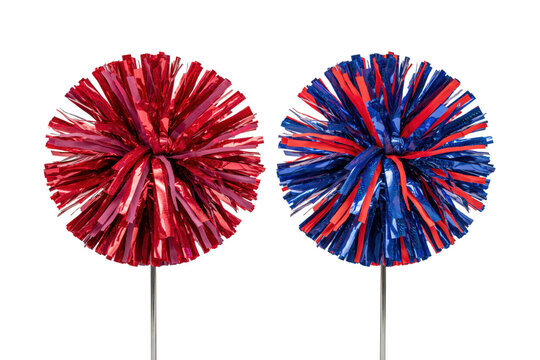 Two shiny metallic cheerleading pom poms, one red and one red and blue, mounted on thin vertical sticks isolated on a transparent background