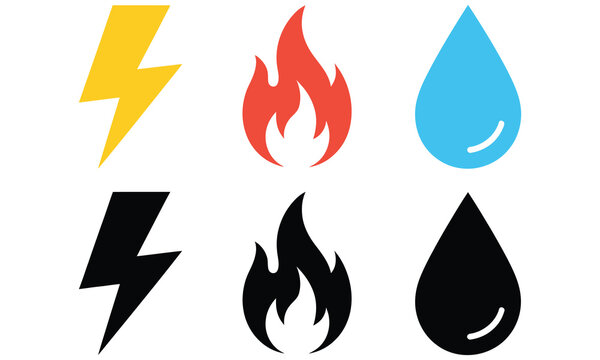 colorful and monochrome lightning, fire, and water drop icons set, energy symbols, elemental signs, weather graphics, power concepts, isolated vector elements, modern interface design.

