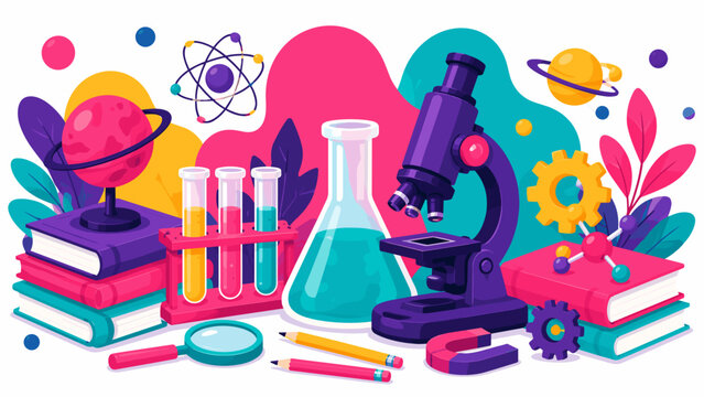 Vibrant science tools surround colorful abstract shapes