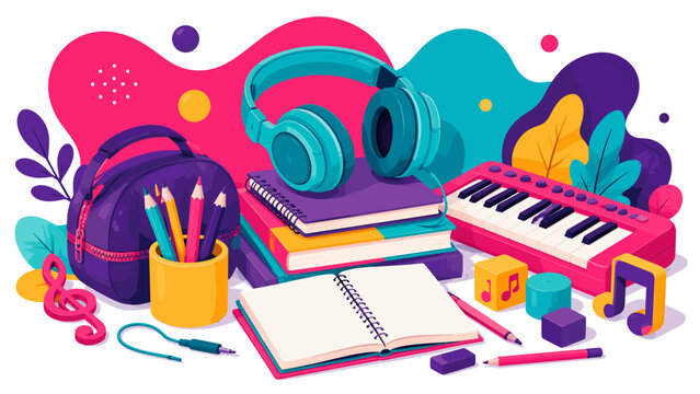 Colorful Music Education Supplies With Headphones And Keyboard