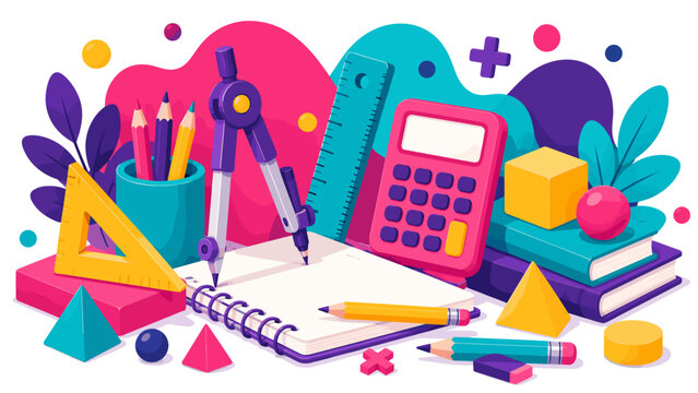 Colorful Mathematics School Supplies With Geometry And Calculator